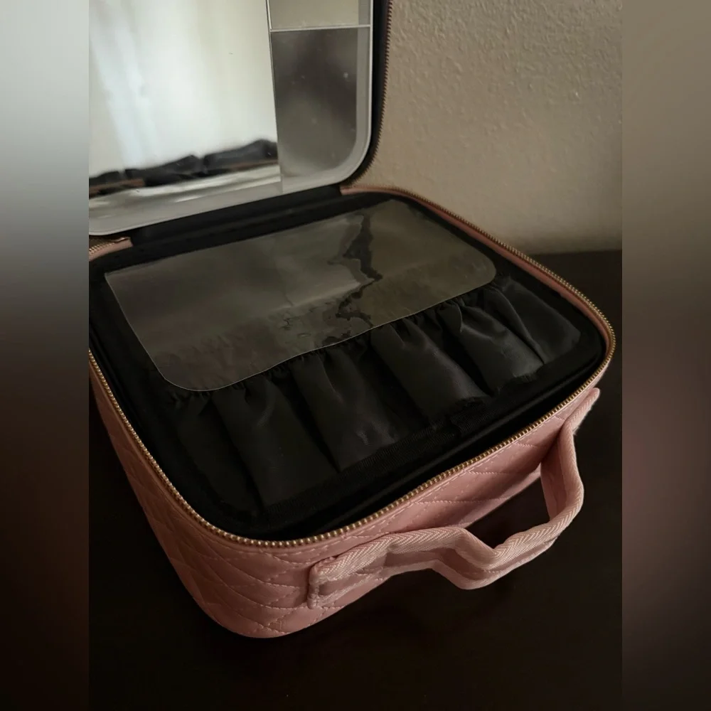 Pink LED Makeup Case Travel Cosmetic Organizer w Mirror Train Case Storage